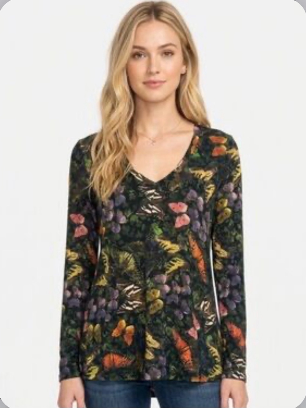 Johnny Was Dark Botanical Butterfly Print Stretch Jersey Whimsical Pullover Top
